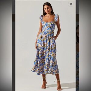 Astr Wedelia Floral Bustier Midi Dress in sold out Yellow Blue Floral (XS)